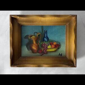 Colorful Framed Vintage Oil Painting Table-scape Still Life Fruit Bowl & …